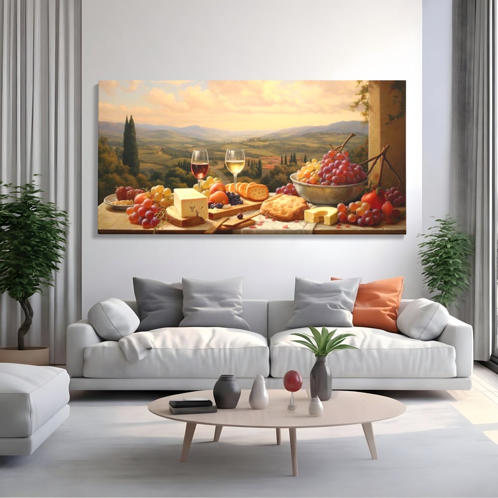 Tablou canvas cu tablou canvas cu peisaj tomnatic si masa imbelsugata, fara rama, pe sasiu de lemn, pe perete intr-un living